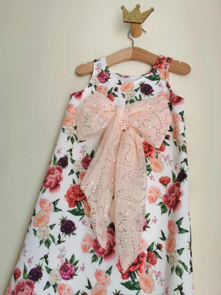 6/7YEARS - PINK FLORAL SEQUIN BOW VEST DRESS