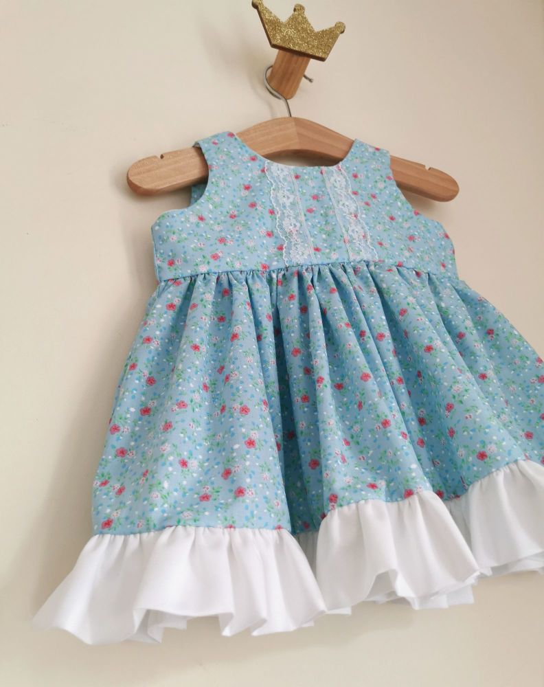 0/6MONTHS - AQUA DITSY FLORAL DRESS WITH BLOOMER PANTS