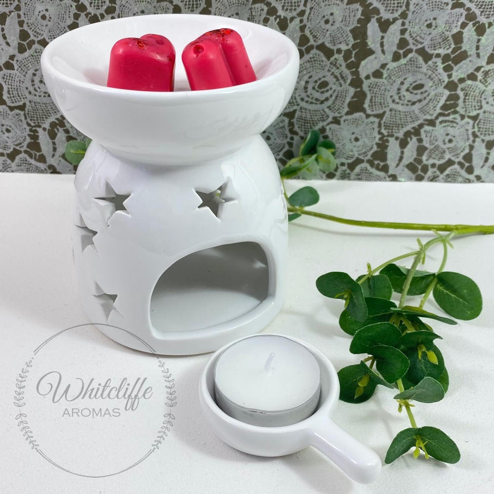 Wax Melter/Burner with Star Detail & Tealight Spoon - White