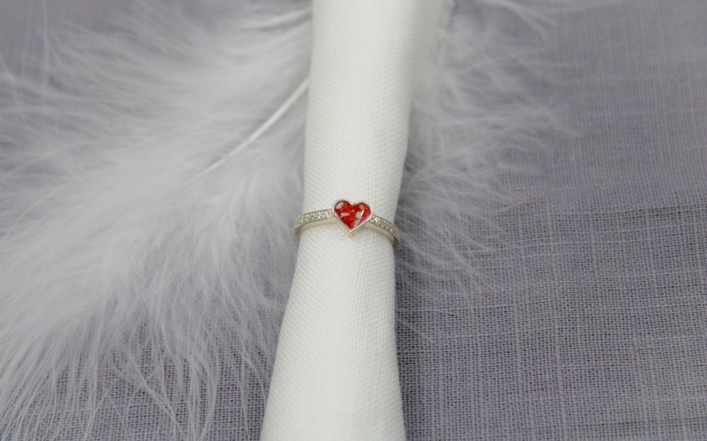 Cremation heart and cubic zirconia ring