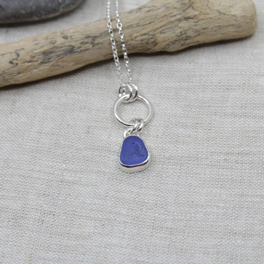 Cornflower blue sea glass and sterling silver pendant