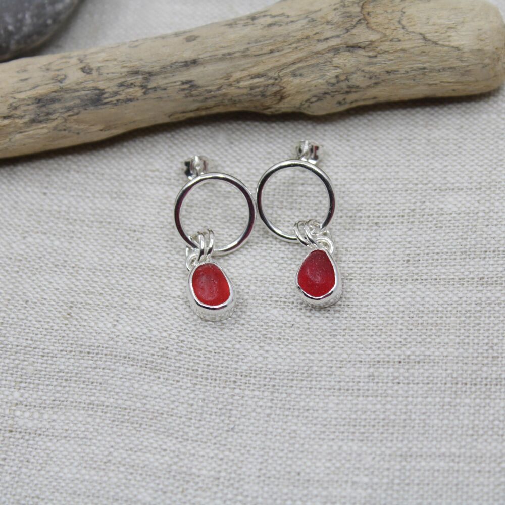 Red sea glass and sterling silver earrings