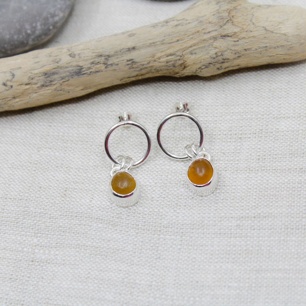 Amber sea glass and sterling silver earrings