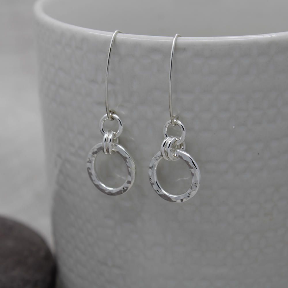 Sterling silver hammered texture circle drop earrings