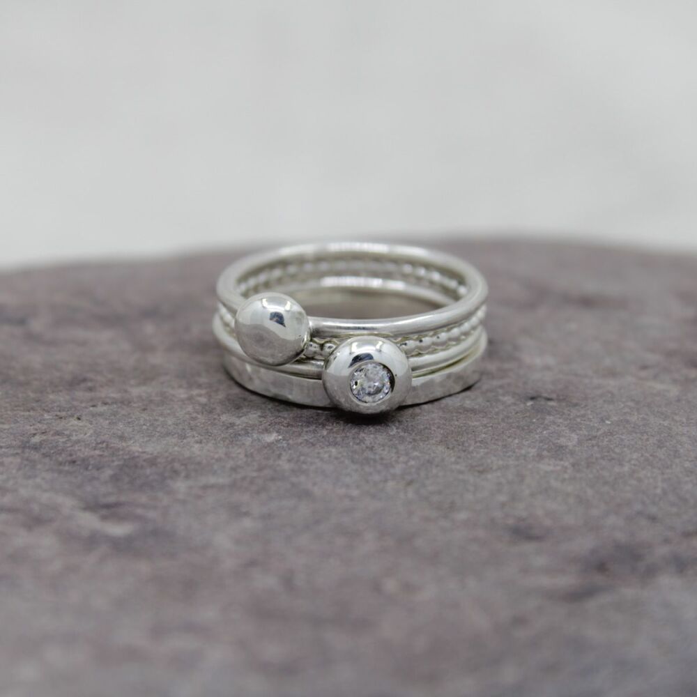 Sterling silver pebble and Moissanite stacking ring set.