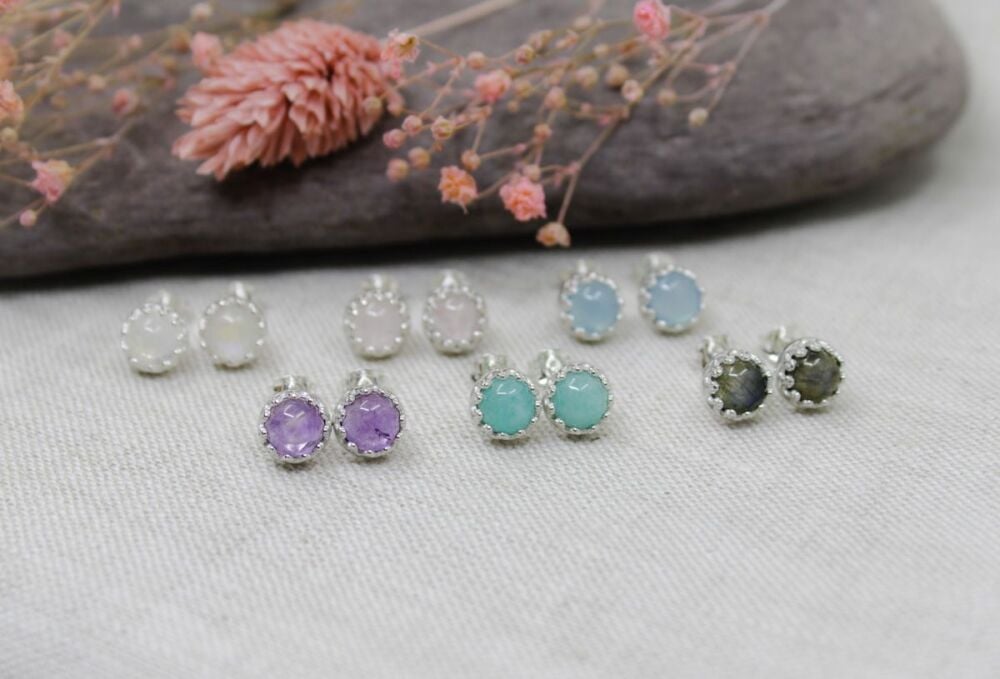 Sterling silver dainty gemstone stud earrings