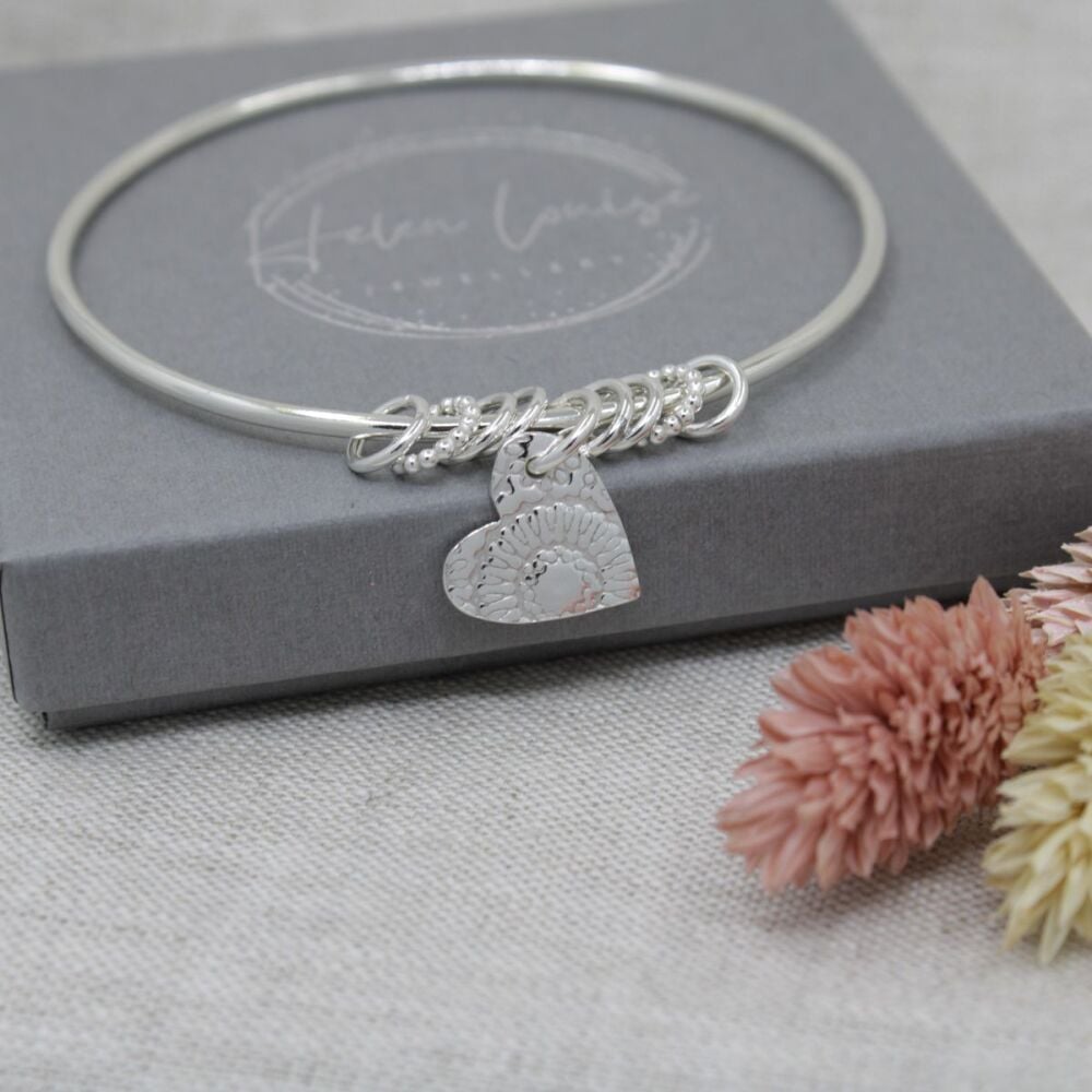 Sterling silver hallmarked heart charm bangle