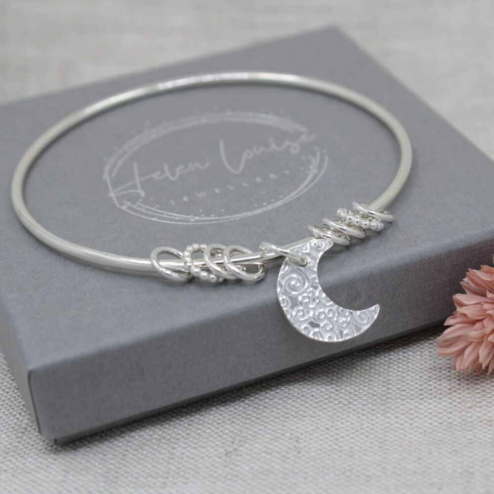 Sterling silver hallmarked moon charm bangle