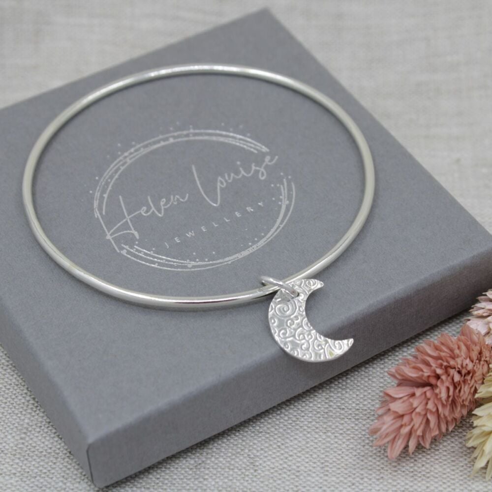 Sterling silver hallmarked single moon charm bangle