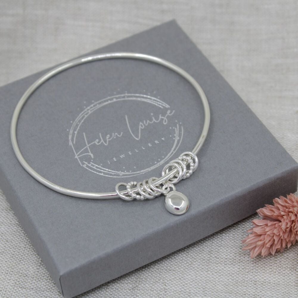 Sterling silver hallmarked dainty pebble charm bangle