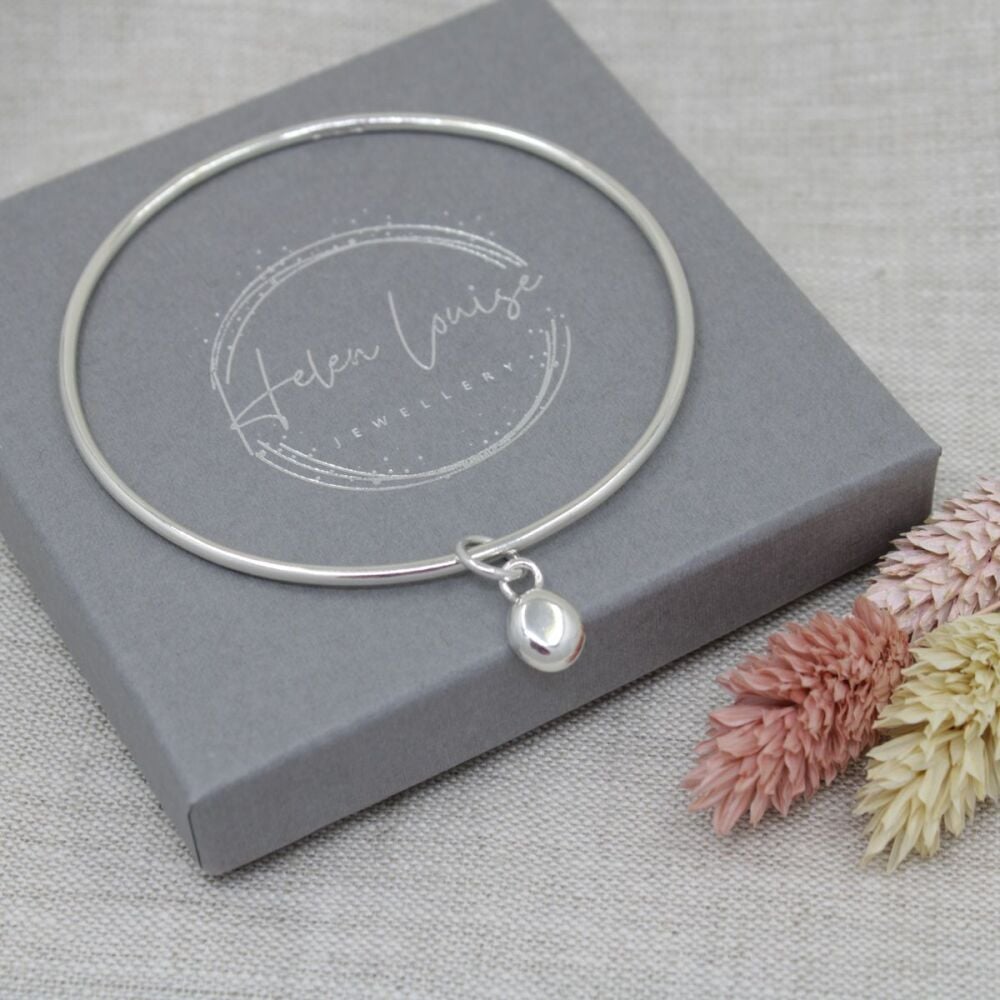 Sterling silver hallmarked single dainty pebble charm bangle