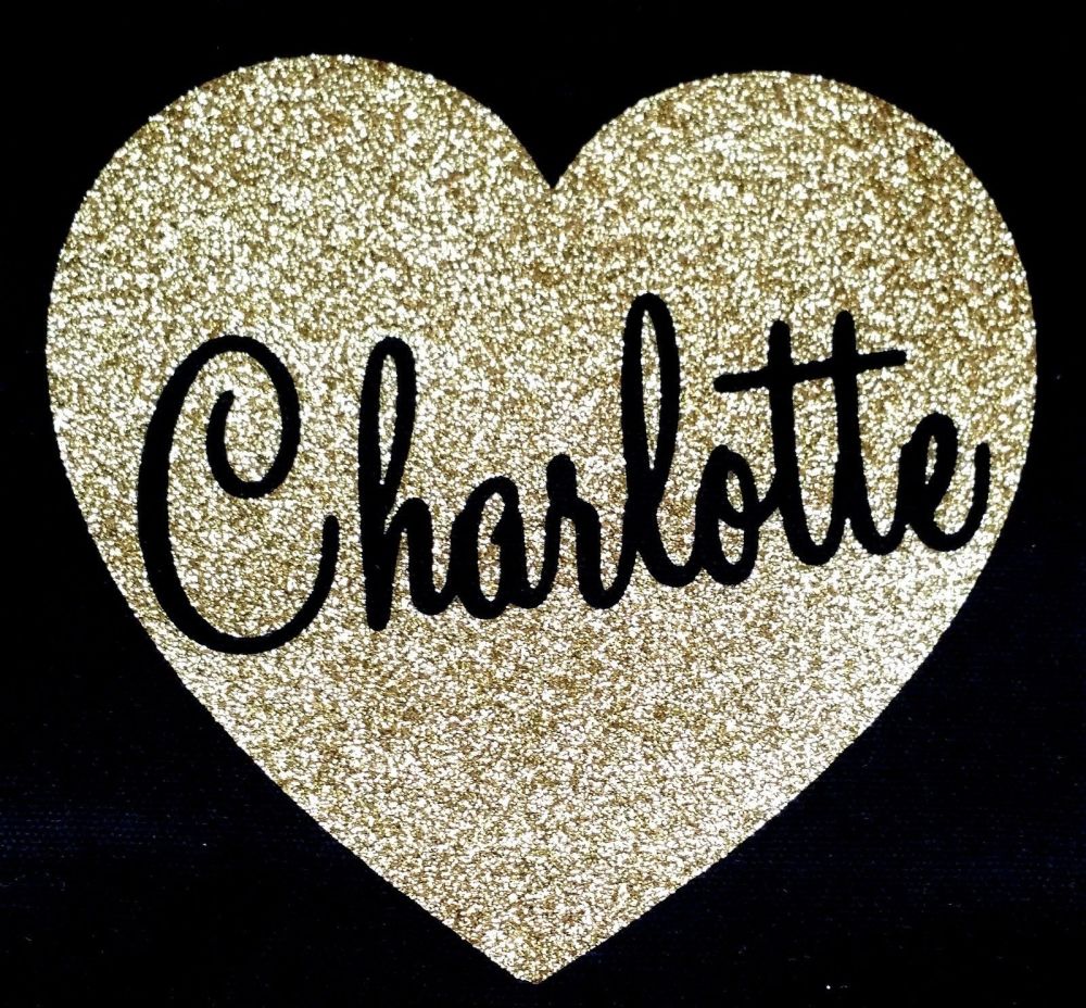 Personalised Name Glitter Heart Iron On - Small Size 13cms x 12cms