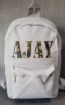 Grey Childrens Mini/Toddler Rucksack with Personalised Camo Name