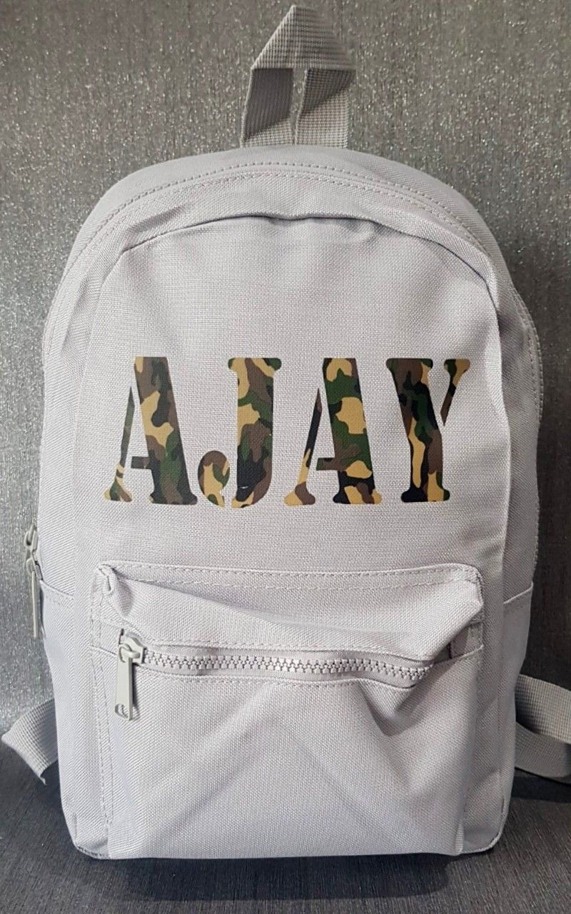 Grey Childrens Mini Rucksack with Personalised Camo Name