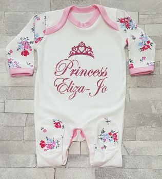 Personalised Princess Glitter Floral Sleepsuit/Babygrow