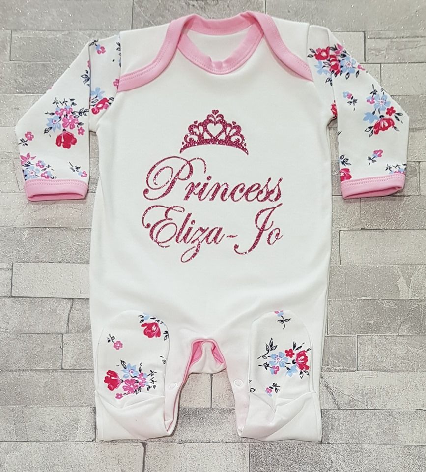 Beautiful Floral Princess Personalised Glitter Sleepsuit ~ Matching Headban