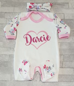 Personalised Name & Heart Floral Sleepsuit/Babygrow