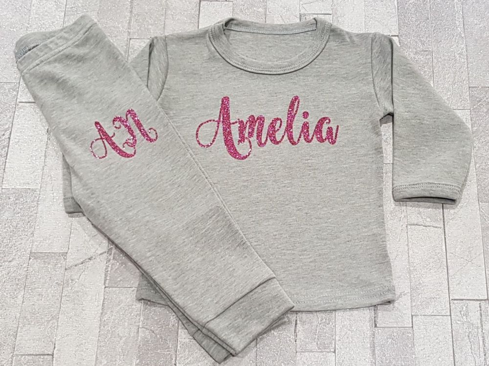 Grey Personalised Pink Glitter Name & Initials Lounge Set