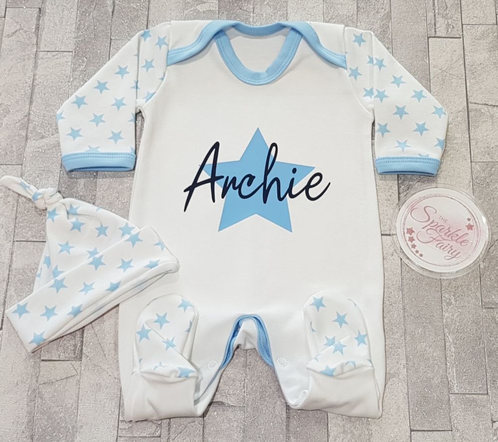 NEWBORN Blue Personalised Signature Star Baby Sleepsuit & Hat, Hospital/Com