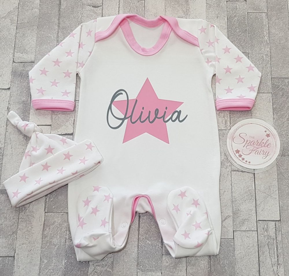 Personalised Pink Star Signature Name Sleepsuit/Babygrow