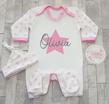 Personalised Pink Star Signature Name Sleepsuit/Babygrow