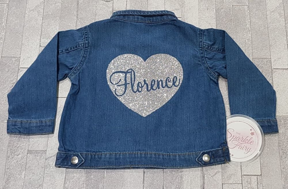 Girls Personalised Glitter Heart Denim Jacket