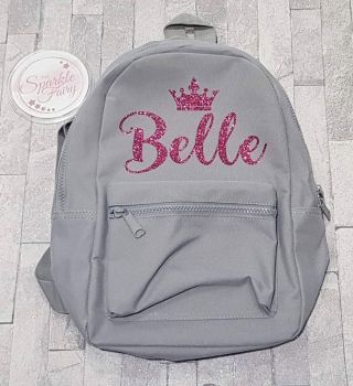 Grey Childrens Mini/Toddler Rucksack with Personalised Pink Glitter Name. 