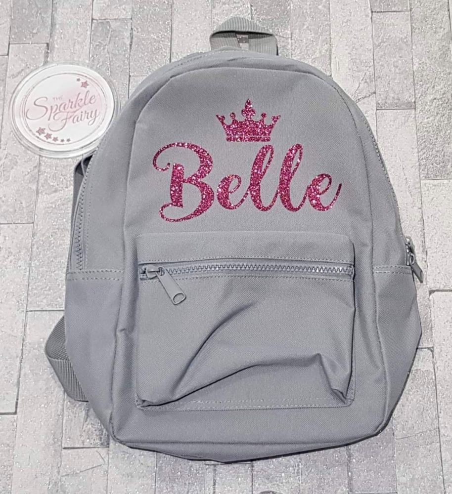 Grey Childrens Mini/Toddler Rucksack with Personalised Glitter Name. 