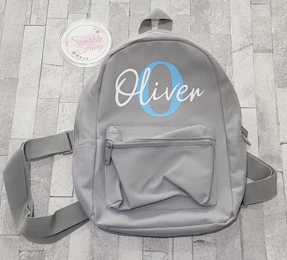 Grey Childrens Mini Toddler Rucksack with Personalised Name Initial