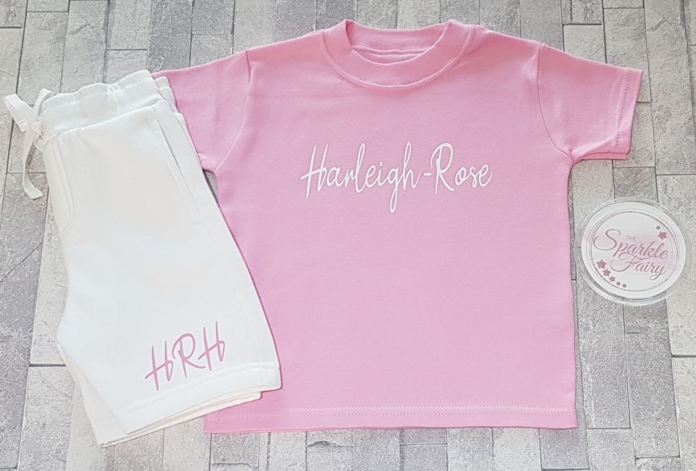 Signature Style Personalised Name Light Pink T-Shirt & White Shorts set.