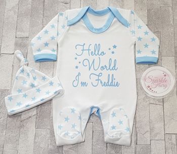 Hello World Personalised Blue Star Baby Sleepsuit/Babygrow