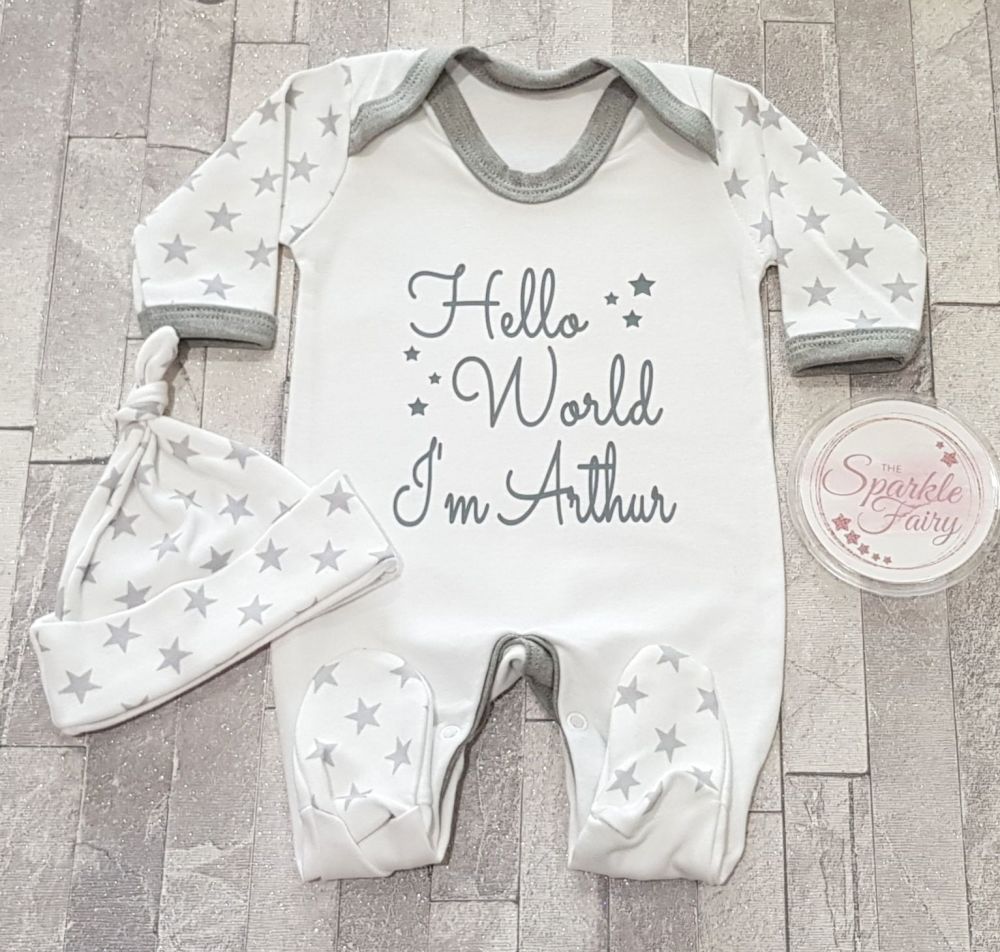 Hello World Personalised Grey Star Baby Sleepsuit/Babygrow