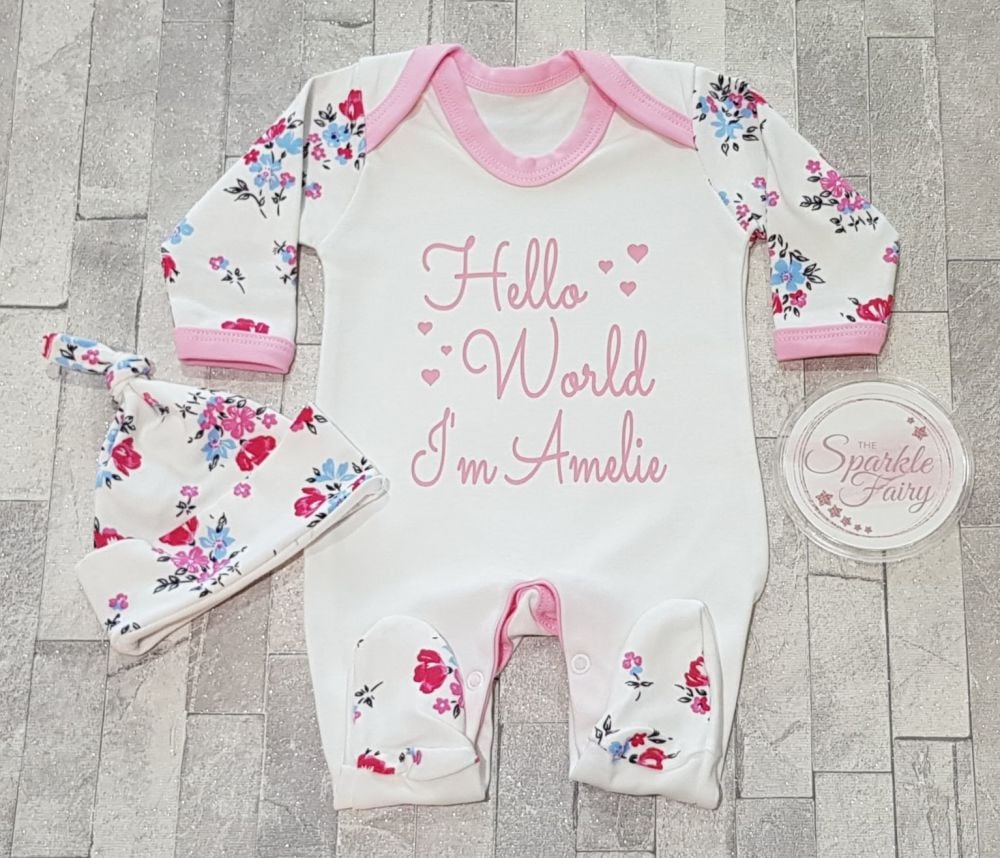 Hello World Personalised Floral Baby Sleepsuit Babygrow
