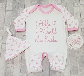 Hello World Personalised Pink Star Baby Sleepsuit/Babygrow