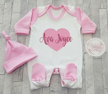 Personalised Pink Heart & Glitter Name Contrast Baby Sleepsuit/Babygrow