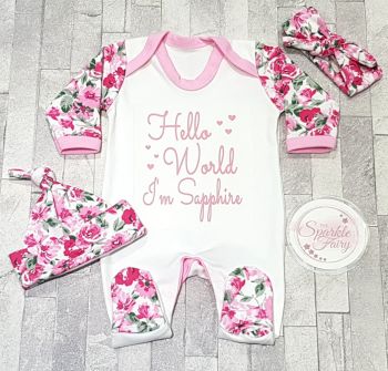 Hello World Personalised Floral Baby Sleepsuit/Babygrow