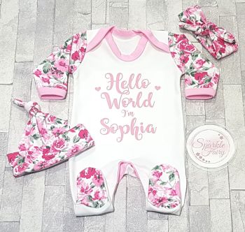 Hello World Personalised Floral Baby Sleepsuit/Babygrow