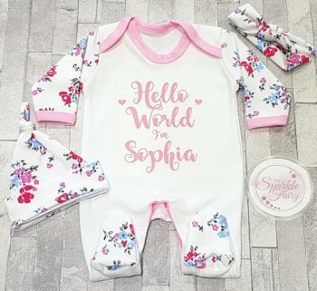 Hello World Personalised Floral Baby Sleepsuit/Babygrow