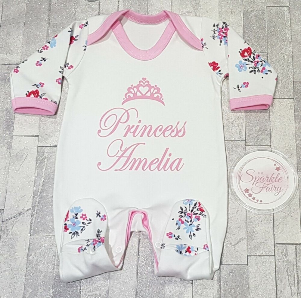 Personalised Princess Floral Sleepsuit/Babygrow