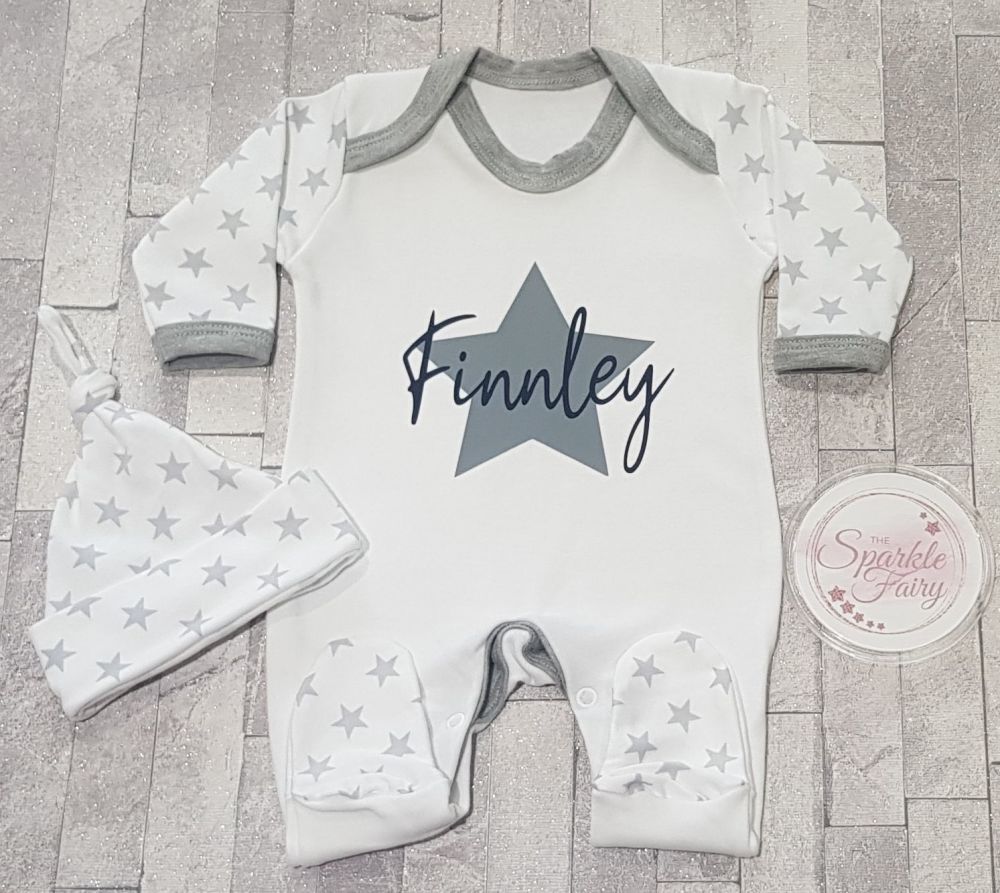 Personalised Grey Star Signature Name Sleepsuit/Babygrow