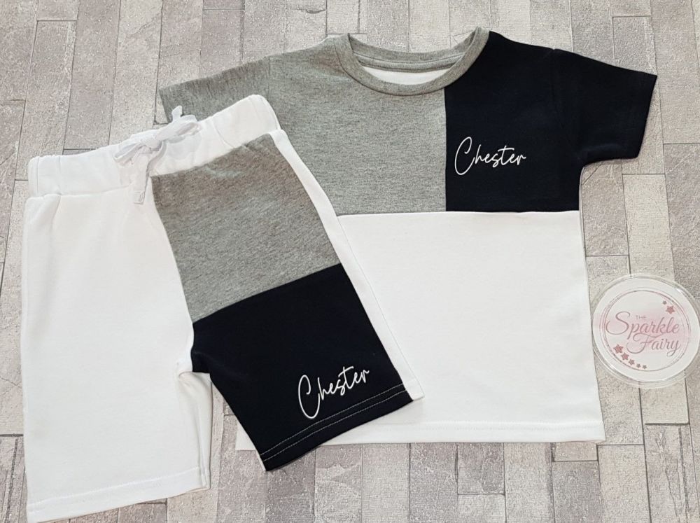 Colour Block Personalised Signature T-Shirt & Shorts Set - Grey