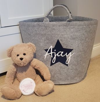 Personalised Grey Toy Basket Name & Star