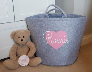 Personalised Grey Toy Basket Name & Heart