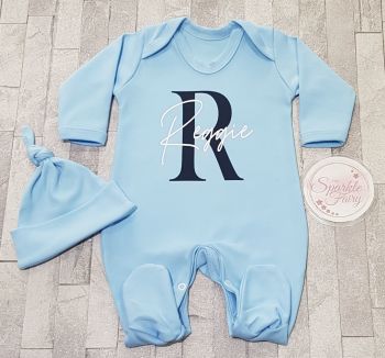 Personalised Blue Initial & Name Sleepsuit/Babygrow