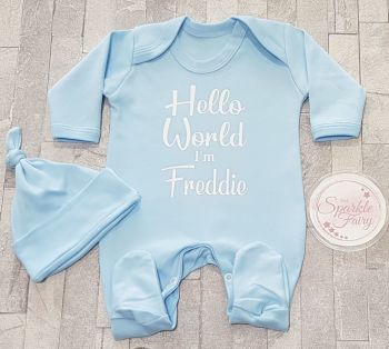 Hello World Personalised Blue Baby Sleepsuit/Babygrow