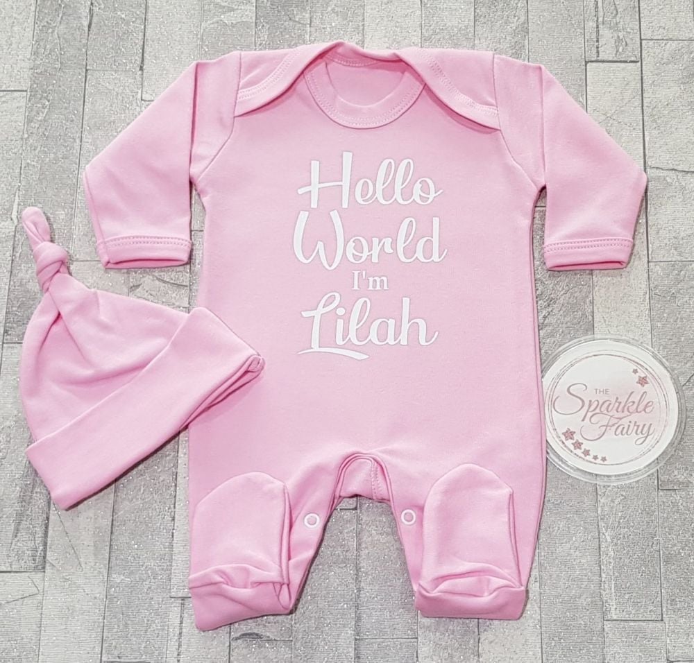 Hello World Personalised Pink Baby Sleepsuit/Babygrow