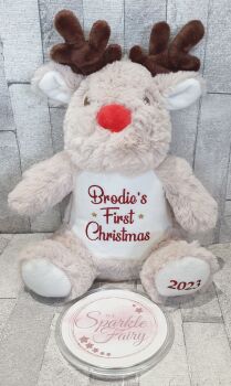 Personalised Name First Christmas 2023 Small Reindeer Soft Toy, Teddy