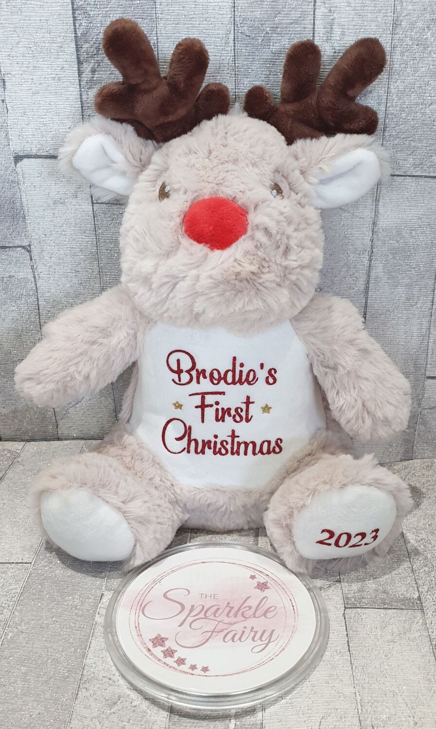 Personalised Name First Christmas 2023 Small Reindeer Soft Toy, Teddy