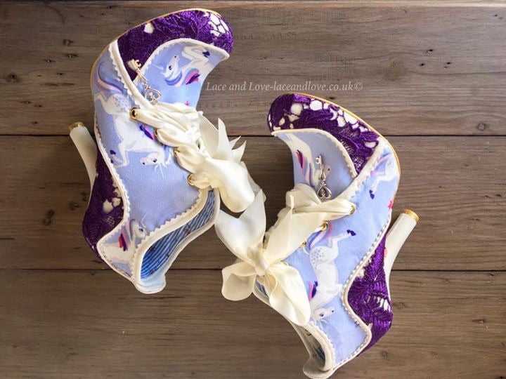 Customised irregular choice shoes by Lace and Love. Unicorn and purple lace shoes
