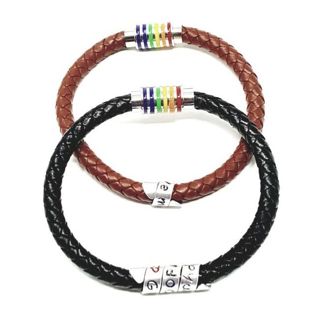 Personalised LGBT braided leather bracelet.